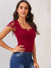Notched Neck Lace Sleeve Fitted Top