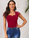 Notched Neck Lace Sleeve Fitted Top