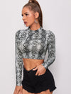 Mock Neck Snakeskin Pattern Crop Top