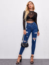 Sheer Mesh Long Sleeve Crop Top Without Bra