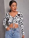 EZwear F Cow Print Drawstring Ruched Crop Top
