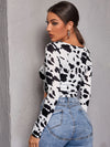 EZwear F Cow Print Drawstring Ruched Crop Top