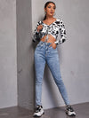 EZwear F Cow Print Drawstring Ruched Crop Top