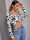 EZwear F Cow Print Drawstring Ruched Crop Top