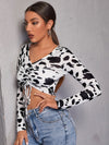 EZwear F Cow Print Drawstring Ruched Crop Top