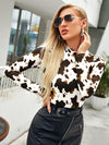 Cow Print Form Fitting Mock Neck Tee