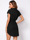Notched Neck Self Belted Curved Hem Dress