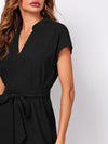 Notched Neck Self Belted Curved Hem Dress