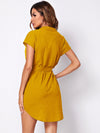 Notched Neck Self Belted Curved Hem Dress