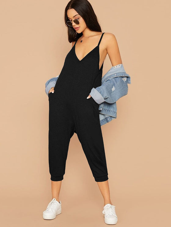 Double V Neck Hidden Pocket Cami Jumpsuit