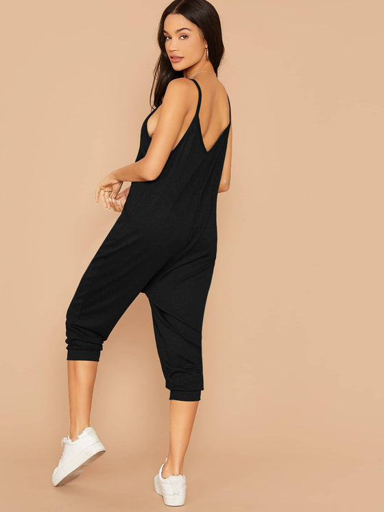 Double V Neck Hidden Pocket Cami Jumpsuit