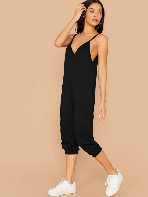 Double V Neck Hidden Pocket Cami Jumpsuit