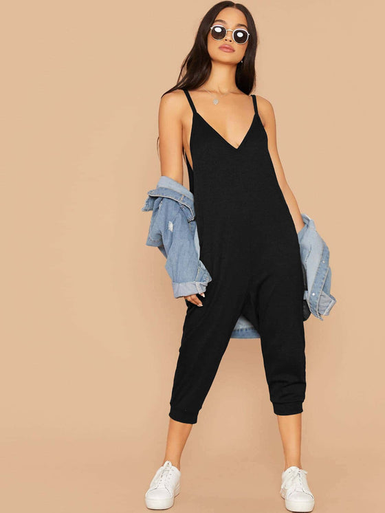 Double V Neck Hidden Pocket Cami Jumpsuit