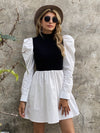 Mock Neck Gigot Sleeve Colorblock Dress