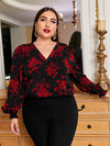 Plus Ruffle Cuff Lantern Sleeve Floral Print Top