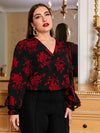 Plus Ruffle Cuff Lantern Sleeve Floral Print Top