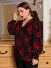 Plus Ruffle Cuff Lantern Sleeve Floral Print Top