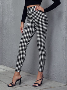 Wide Waistband Gingham Print Skinny Pants
