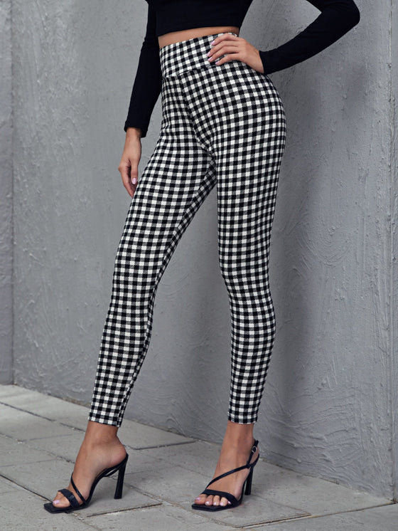 Wide Waistband Gingham Print Skinny Pants