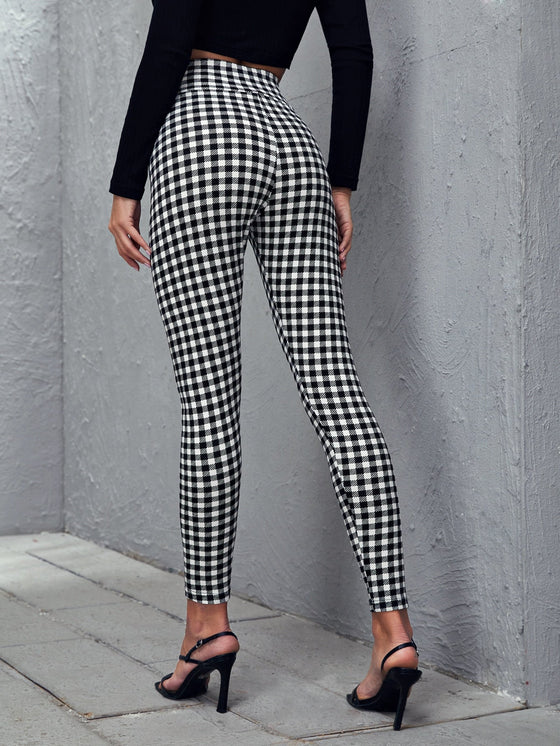 Wide Waistband Gingham Print Skinny Pants