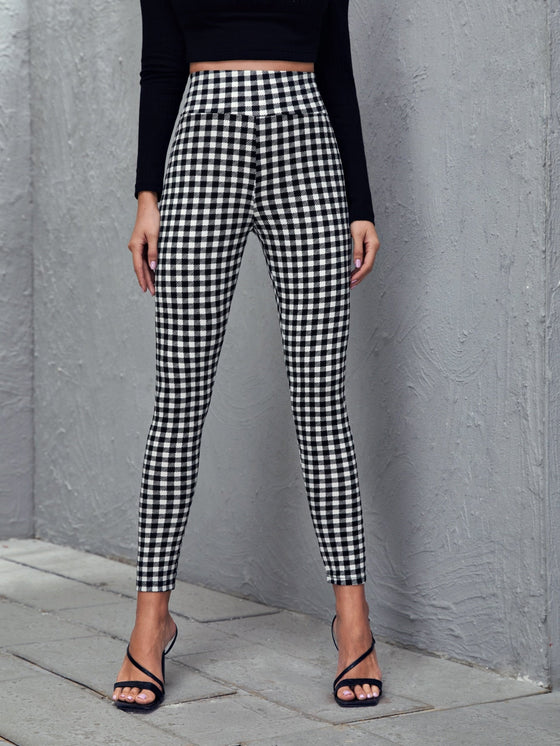 Wide Waistband Gingham Print Skinny Pants