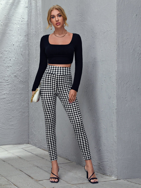 Wide Waistband Gingham Print Skinny Pants