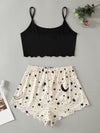 Letter Galaxy Print Scallop Trimed Crop Cami Top Shorts PJ Set