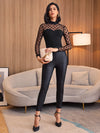 Mock neck Sheer Dobby Mesh Yoke Fitted Top