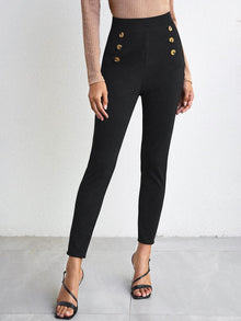  Double Button Solid Skinny Pants