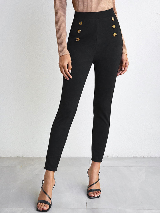 Double Button Solid Skinny Pants