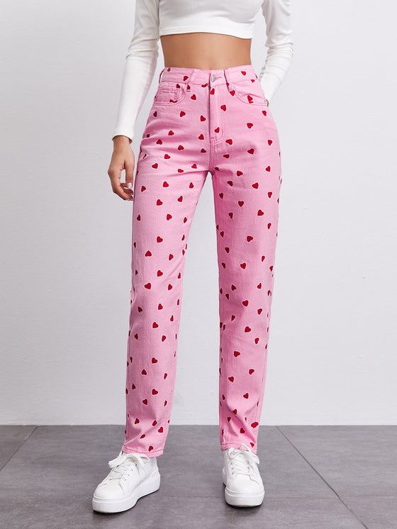 High Waist Heart Print Straight Jeans