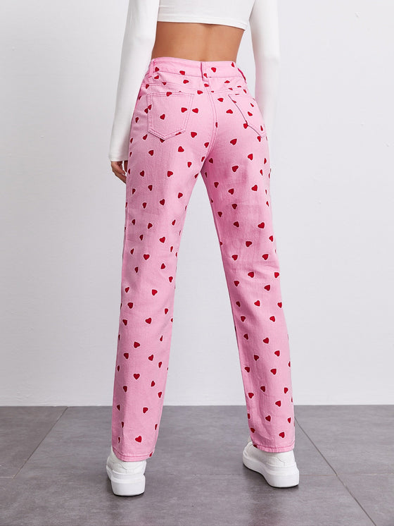 High Waist Heart Print Straight Jeans