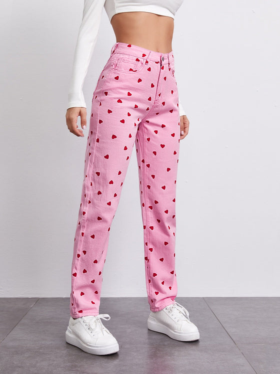 High Waist Heart Print Straight Jeans