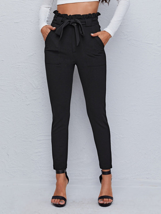Paperbag Waist Dual Pocket Belted Skinny Pants