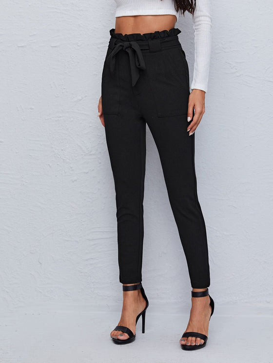 Paperbag Waist Dual Pocket Belted Skinny Pants