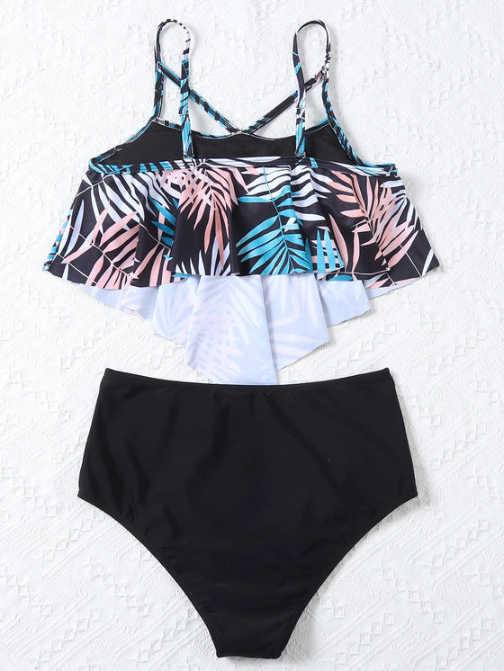 Tropical Flounce High Waist Bikini Swimsuit