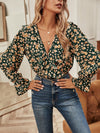 Floral Surplice Front Ruffle Trim Bodysuit