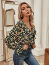 Floral Surplice Front Ruffle Trim Bodysuit