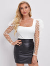 Flocked Polka Dot Mesh Gigot Sleeve Top