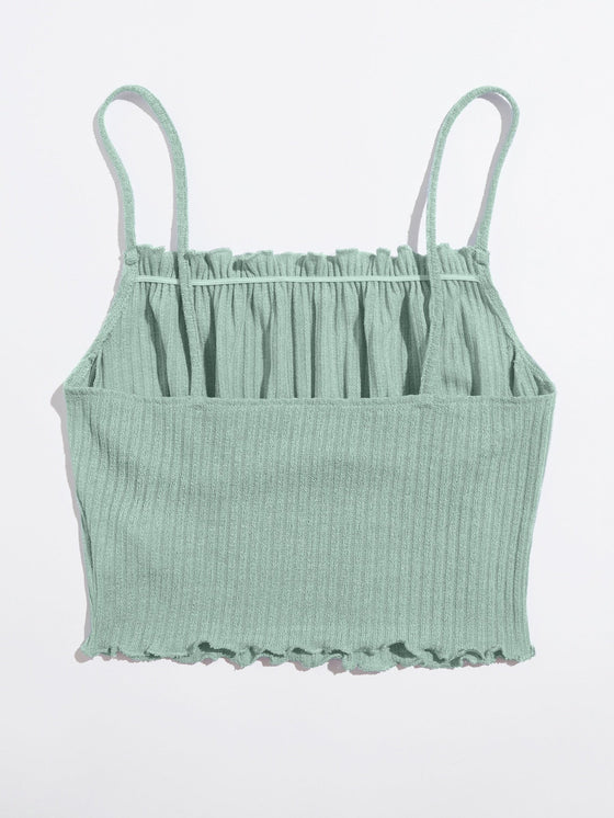Frill Trim Ruched Front Rib knit Cami Top