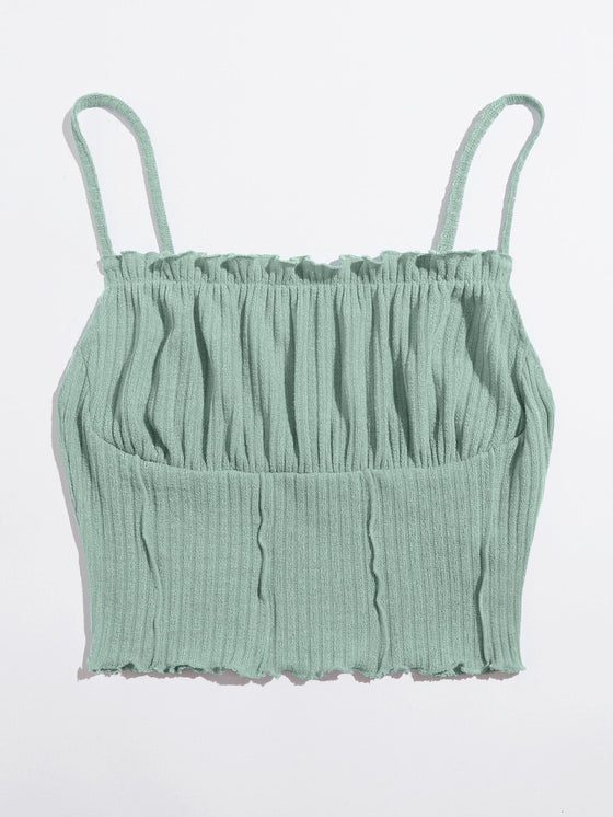 Frill Trim Ruched Front Rib knit Cami Top