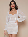 Sweetheart Neck Binding Trim Lantern Sleeve Swiss Dot Bustier Dress