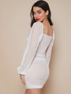 Sweetheart Neck Binding Trim Lantern Sleeve Swiss Dot Bustier Dress