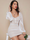 Sweetheart Neck Binding Trim Lantern Sleeve Swiss Dot Bustier Dress