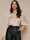 Buttoned Cuff Lantern Sleeve Satin Top
