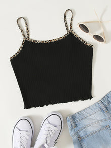  Contrast Leopard Binding Lettuce Trim Cami Top