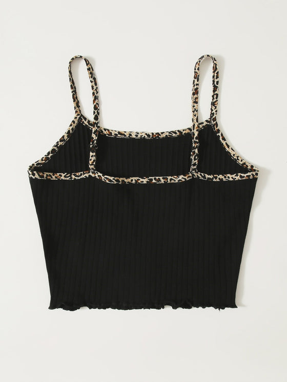Contrast Leopard Binding Lettuce Trim Cami Top
