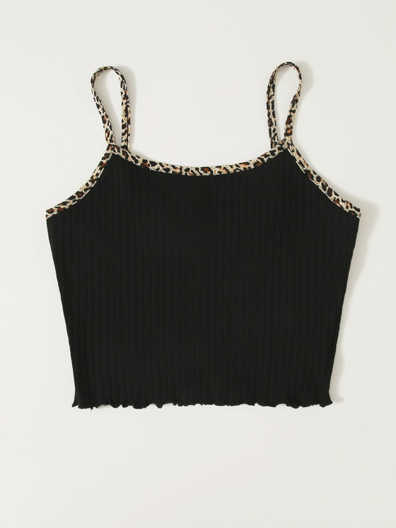 Contrast Leopard Binding Lettuce Trim Cami Top