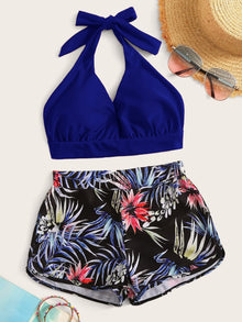  Tropical Halter Shorts Bikini Swimsuit