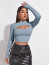 Mock Neck Cut out Rib knit Slim Crop Tee